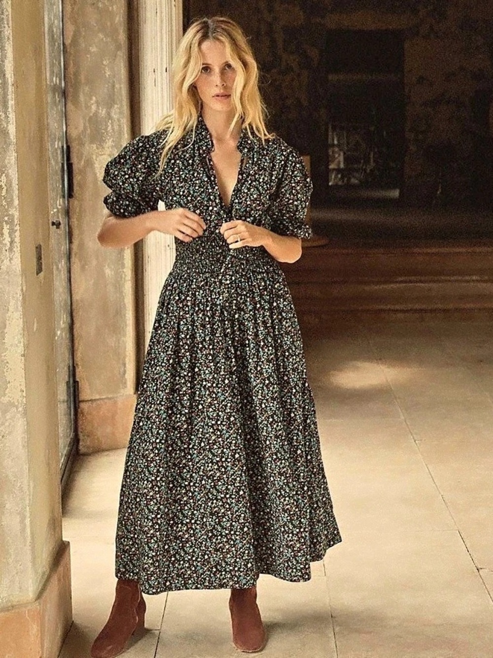 Doen Everly Dress in Montpellier Floral, Long-Sleeve Midi Dress, Size Medium